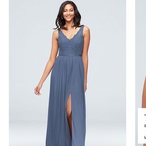 lace and mesh v-neck bridesmaid dress steel blue

STYLE# F20057